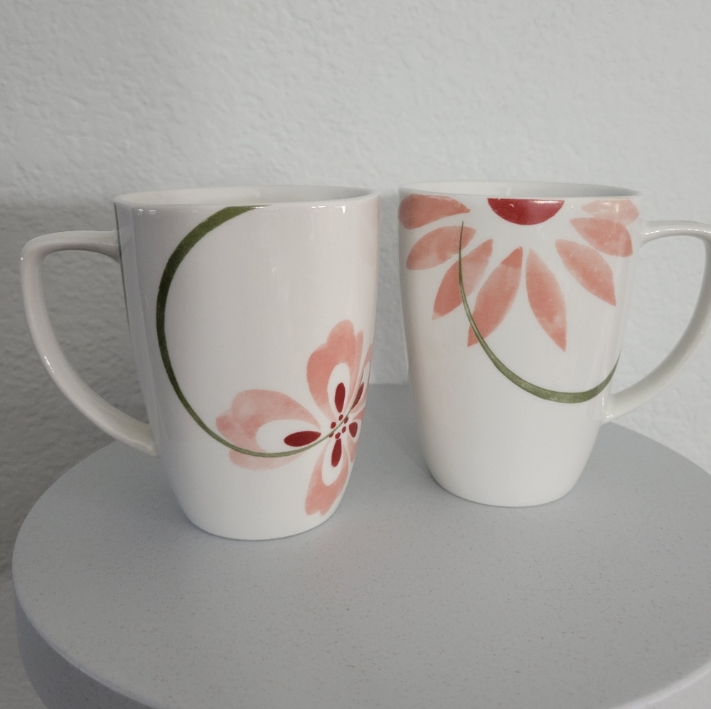 Set of 2 Corelle Coordinates Coffee Mug Tea Cup White with Pretty Pink Flowers
